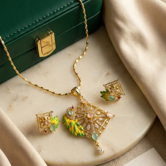 Vibrant Gold Peacock & Multi-Gem Necklace Set